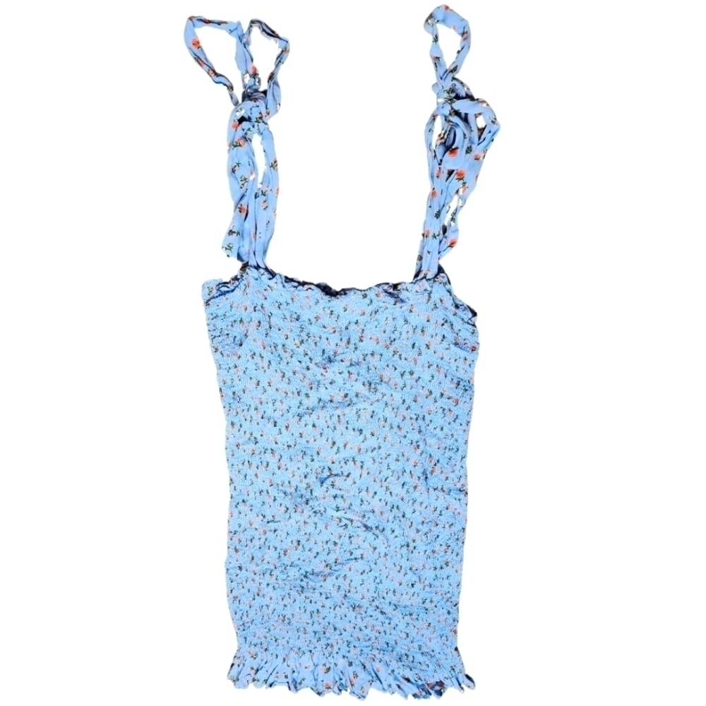 Free People, Blue Patterned Smocked Bodycon, Tie Strap Mini Dress, Small